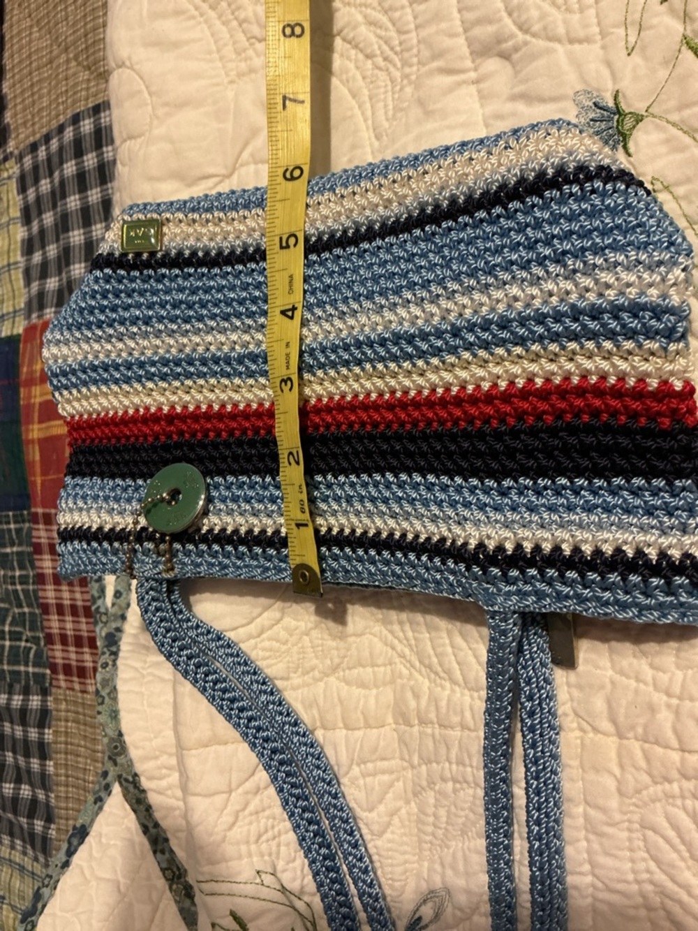 The Sak Crochet Stripe Shoulder Bag in Light Blue, Navy, Red, Cream - Picture 9 of 11